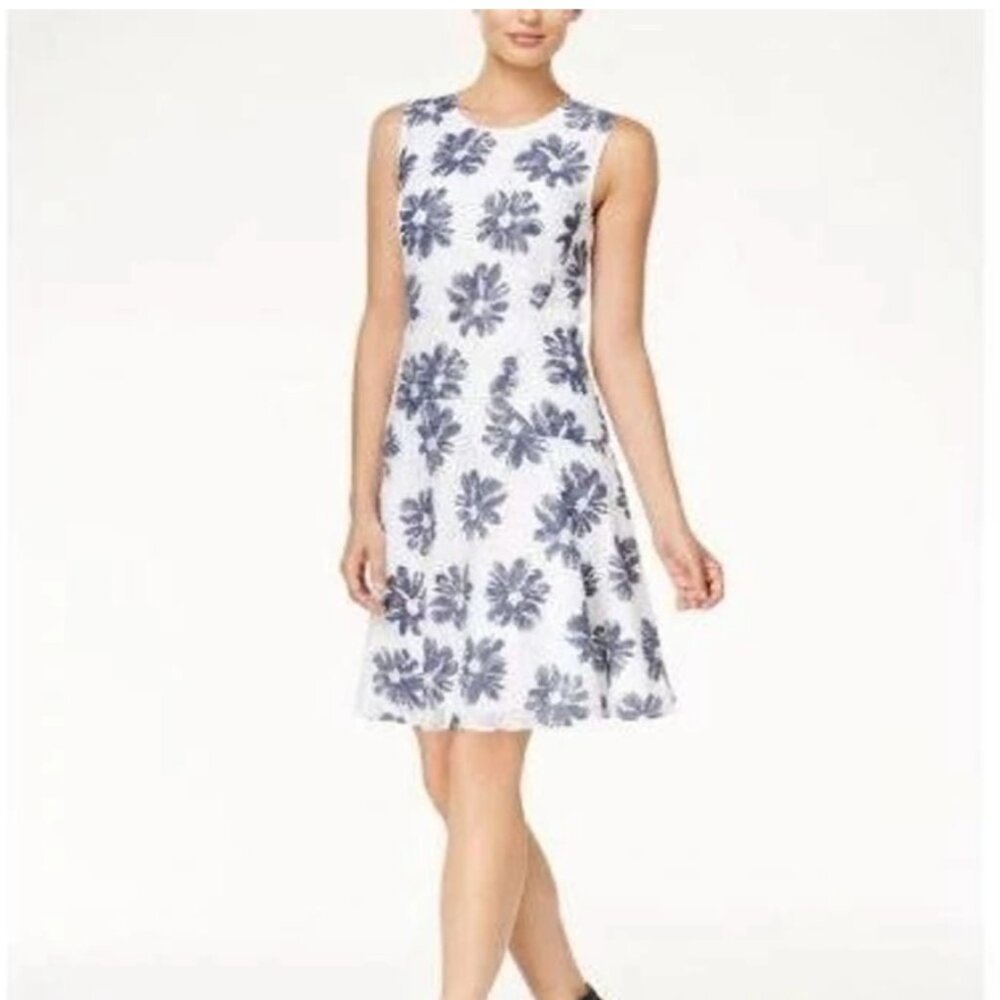 Tommy Hilfiger Lacey Floral White and Gray Sleeveless Flare Dress Size 8